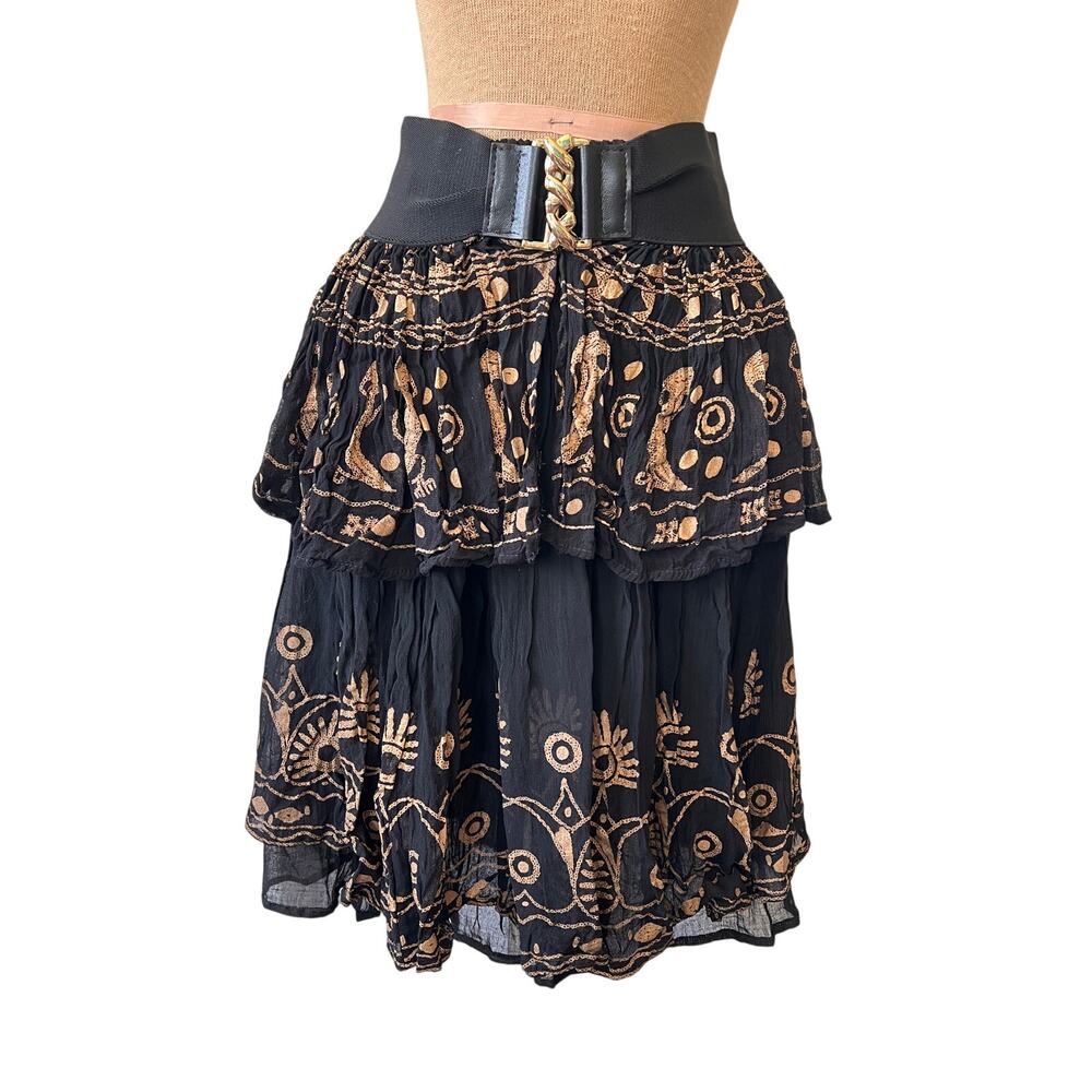 Vintage 2pc layered black gold skirt batik crinkle rayon boho festival ethnic